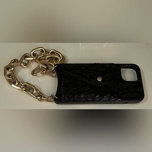 Black crocodile Patent Leather I phone 13 Case/Gold chunky Chain Strap